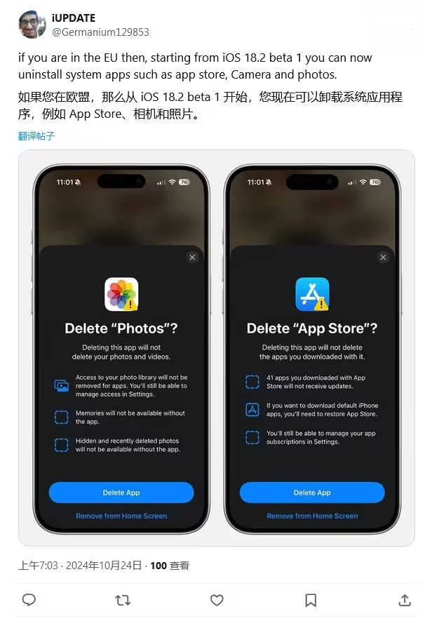 安丘苹果手机维修分享iOS 18.2 支持删除 App Store 应用商店 