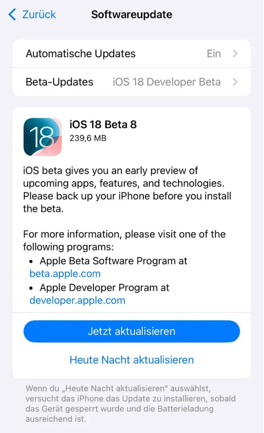 安丘苹果手机维修分享苹果 iOS / iPadOS 18 开发者预览版 Beta 8 发布 